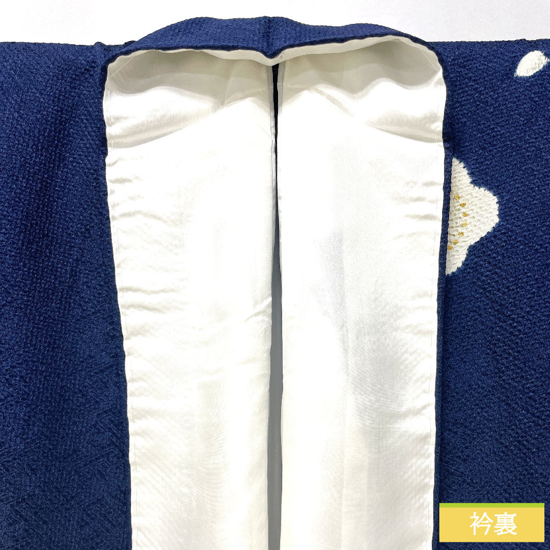Homongi, pure silk, lined, length 162.5cm, sleeve length 62cm, navy blue, plum, cherry blossom, B rank, navy blue, 1112005634418
