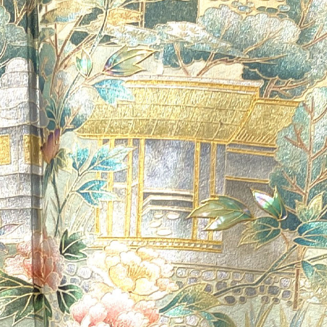 色留袖 身丈161.5cm 裄丈65.5cm 袷 しつけ糸付き 未使用品 枯野色 螺鈿 金彩加工 風景模様 三つ柏 正絹 Sランク 三つ紋 黄系 1111000792423