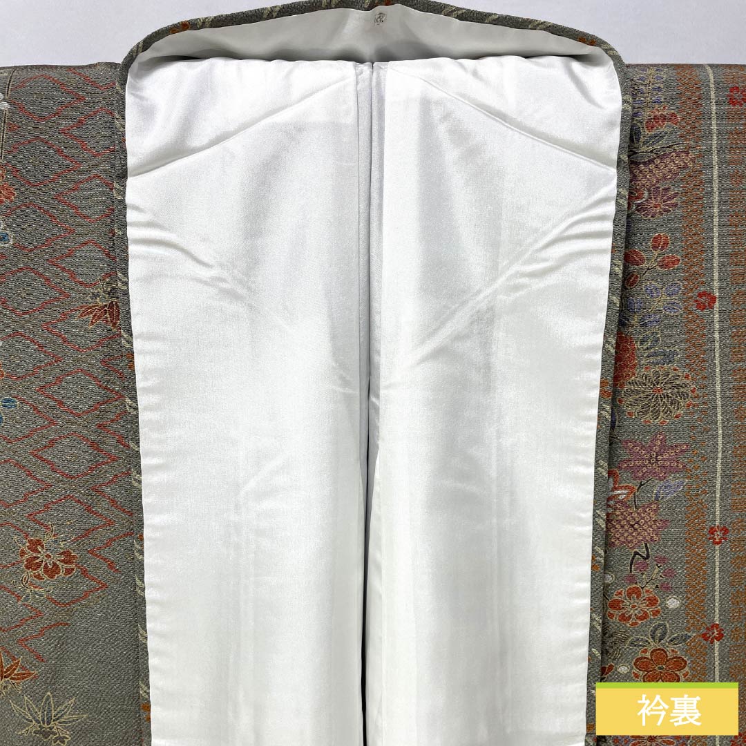 訪問着 正絹 袷 身丈160.5cm 裄丈65.5cm 利休鼠色（りきゅうねずみいろ） 型染 縞 花柄 Sランク グレー系 1112006042422