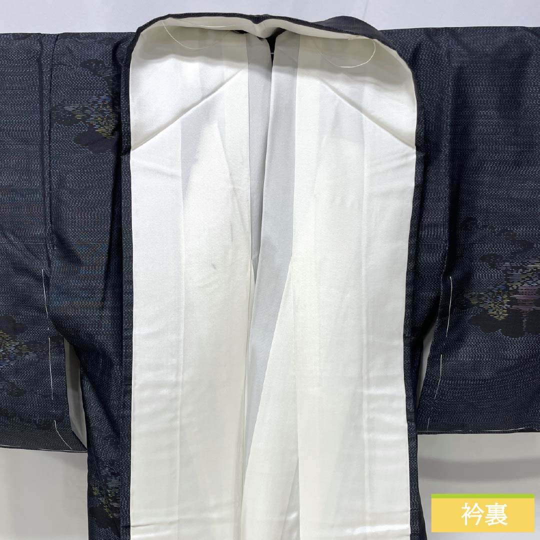 Silk Tsumugi Kimono, S-Rank, Length 158cm, Sleeve Length 62cm, Oshima Tsumugi, Double Kasuri Pattern, Cloud Pattern, Landscape Design, Lined, Black, 1116004052310