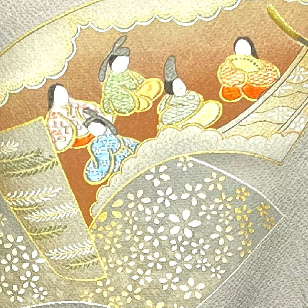 Colored Tomesode, Length 162cm, Sleeve Length 65.5cm, Amethyst Color, Living National Treasure, Fukuda Yoshishige, Fan Surface, Swallowtail Butterfly, Pure Silk, S Rank, One Crest, Gray, 1111000432422