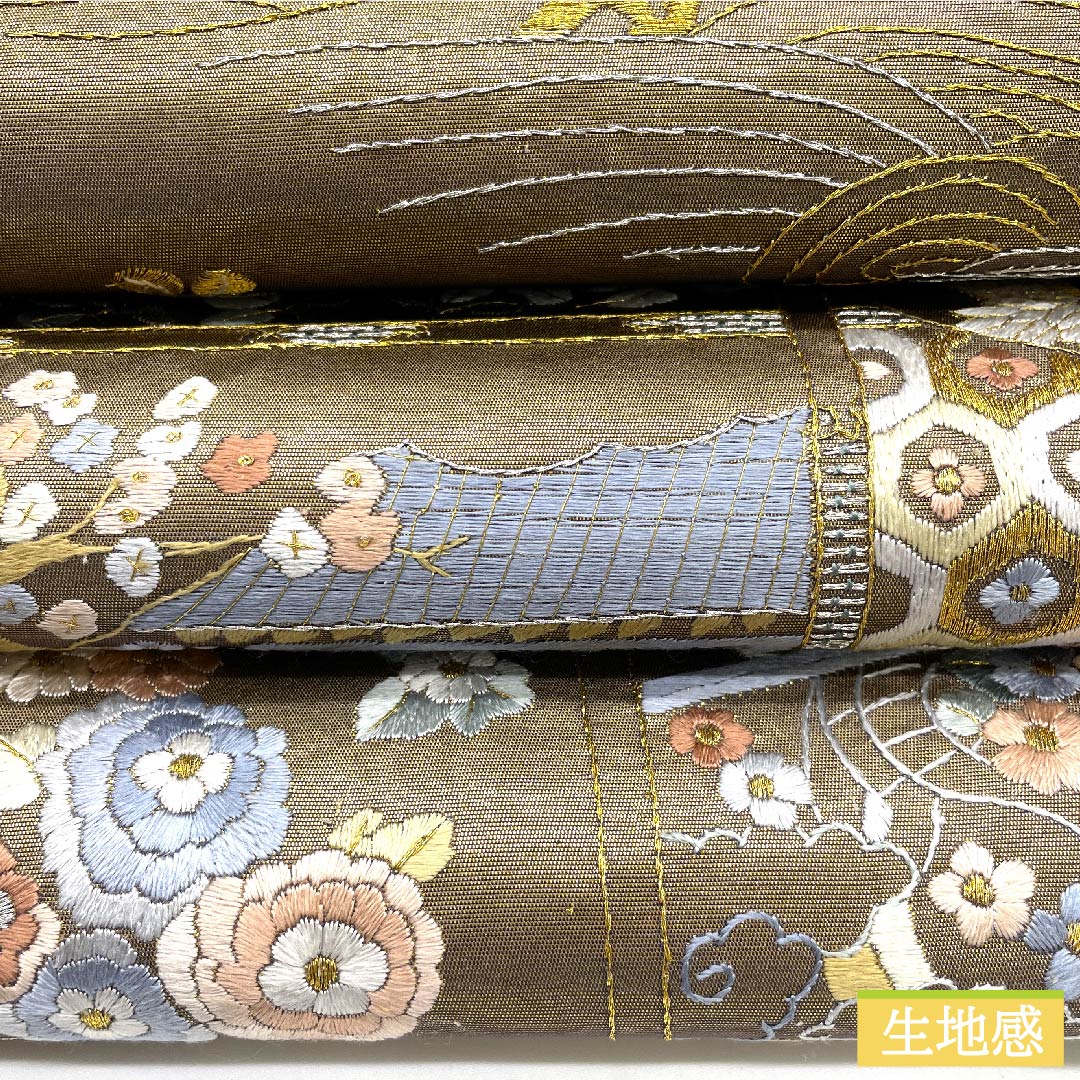 袋帯 正絹 金色 蘇州刺繍 古典柄 花柄 帯丈455cm Sランク 六通 フォーマル 金系 1123010932421