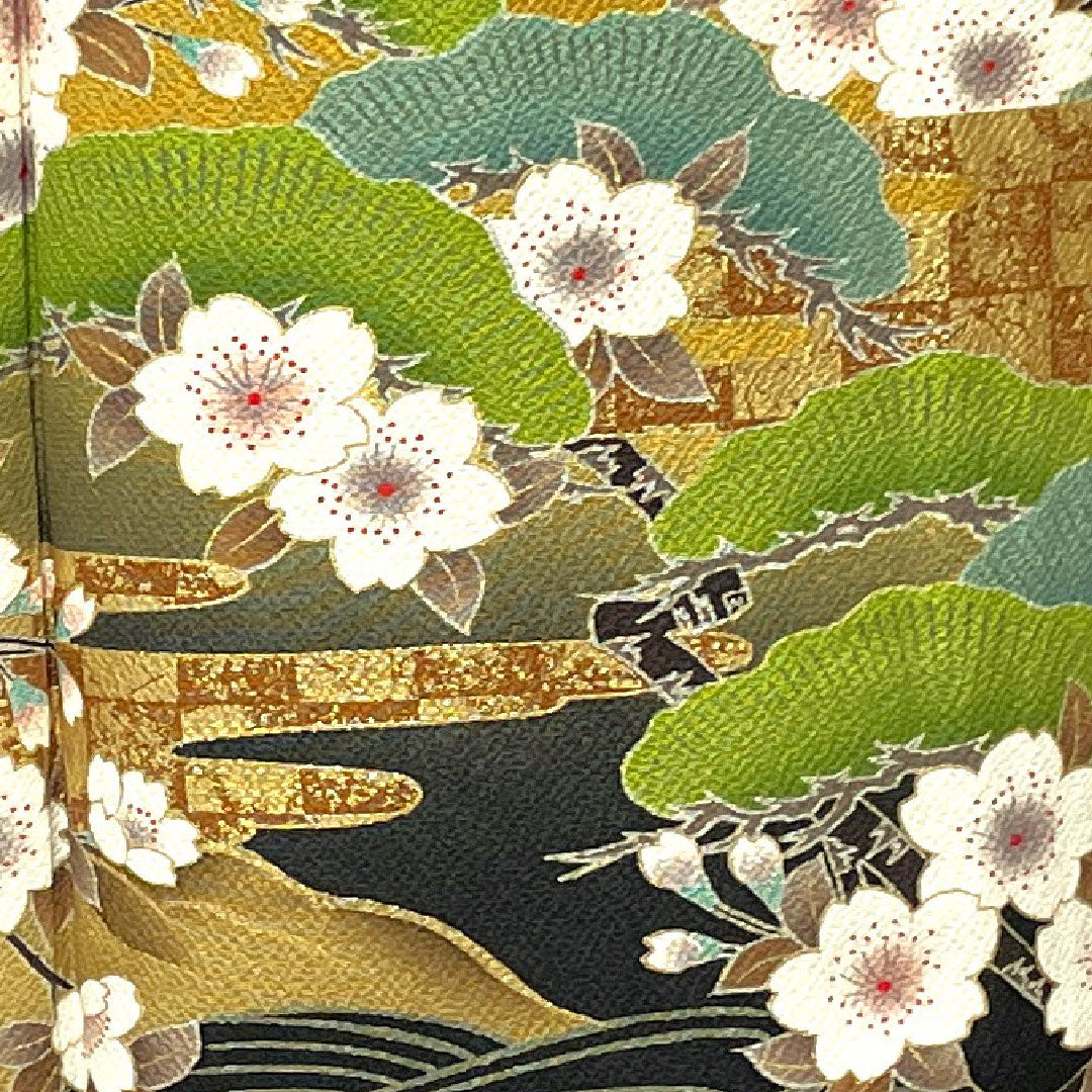 Homongi, lined, length 158.5cm, sleeve length 61.5cm, tan, Kyo-Yuzen, cherry blossom, pure silk, S rank, yellow, 1112002212323