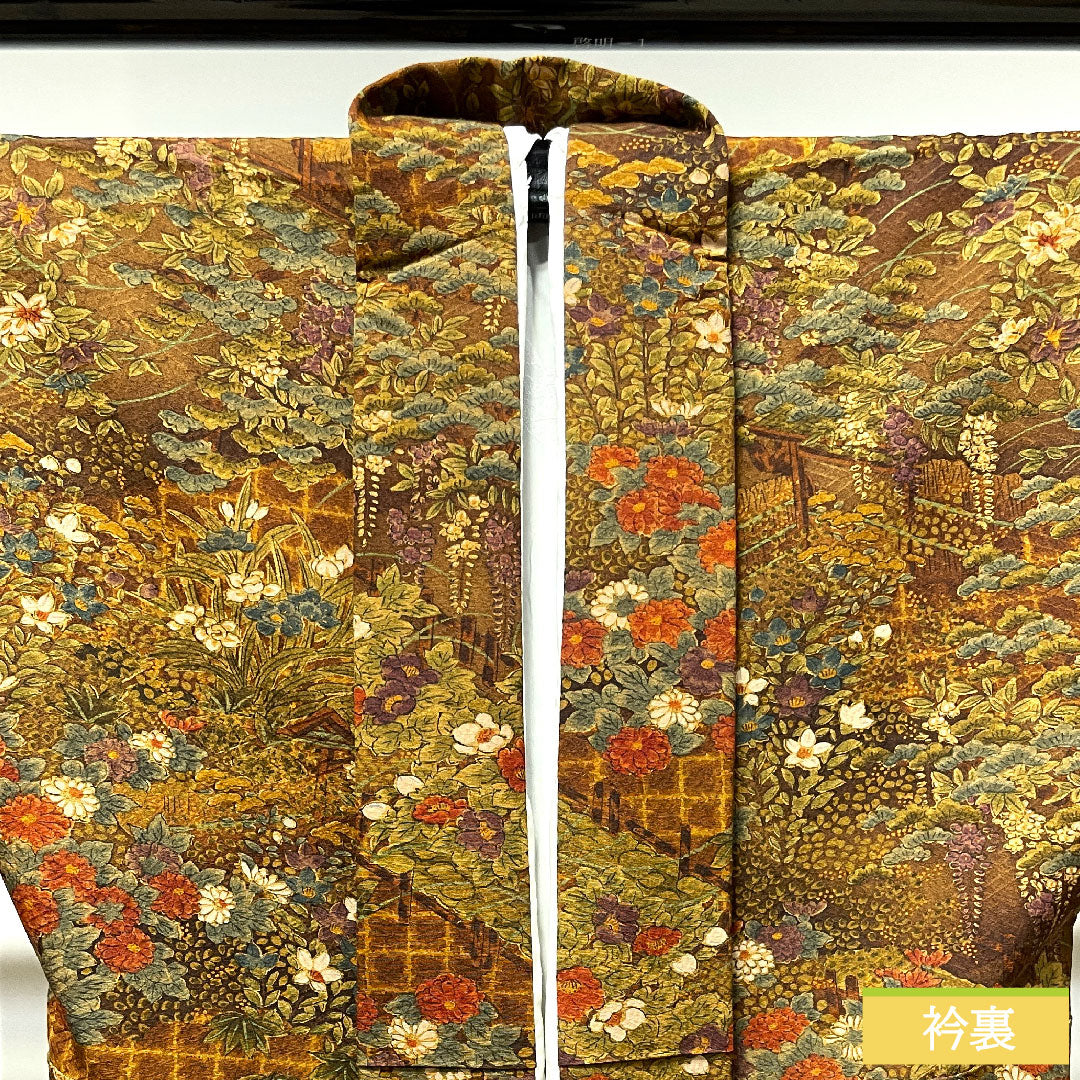 小紋 正絹 身丈140cm 裄丈60.5cm 袷  濃茶色 草花模様 しつけ糸付き 未使用品  Sランク 茶系 1115003732114