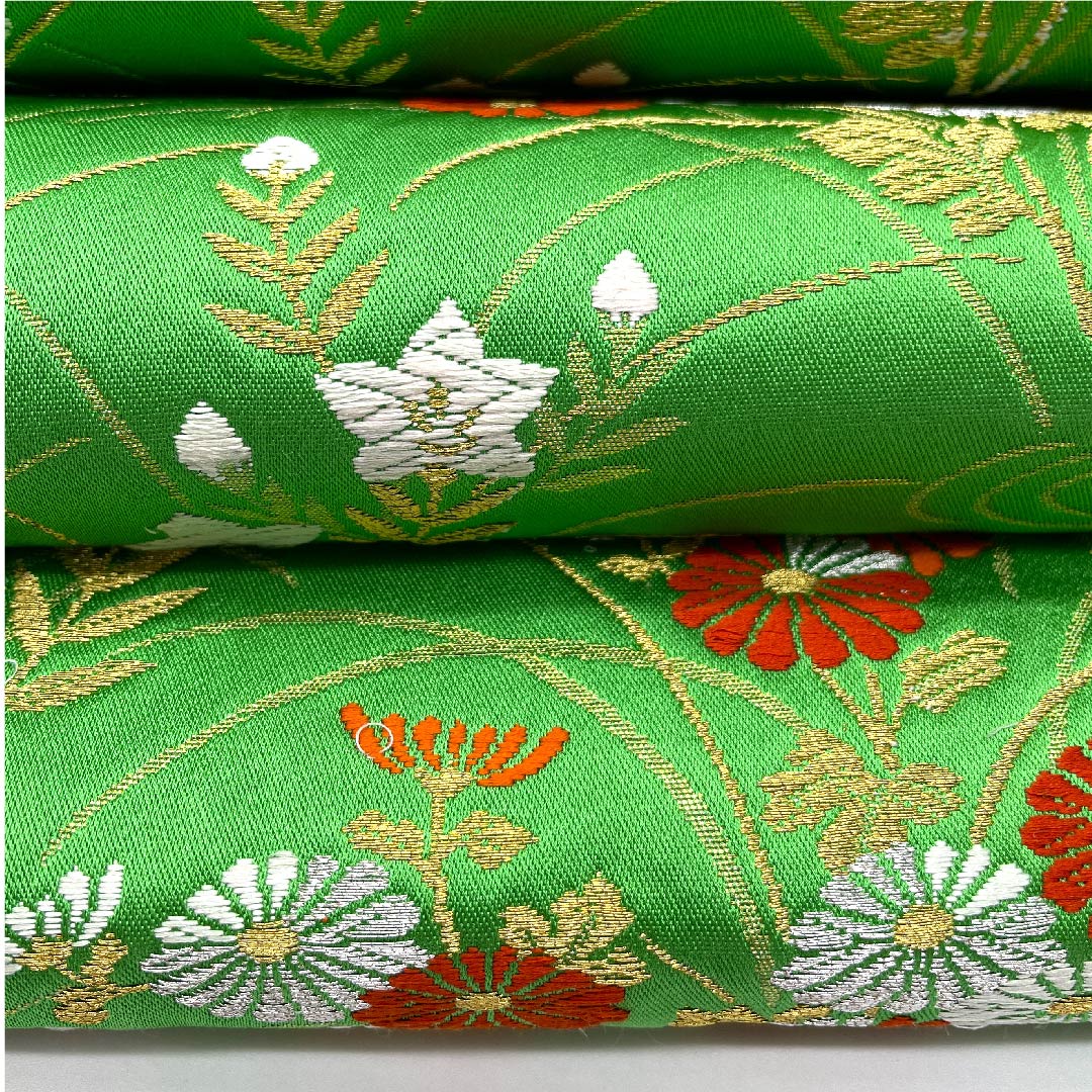 Fukuro Obi (light blue obi) Kanze Ryusui (water flowing stream), bellflower, chrysanthemum, pine, obi length 432cm, pure silk, S rank, six-pass, formal, green, 1123007012319