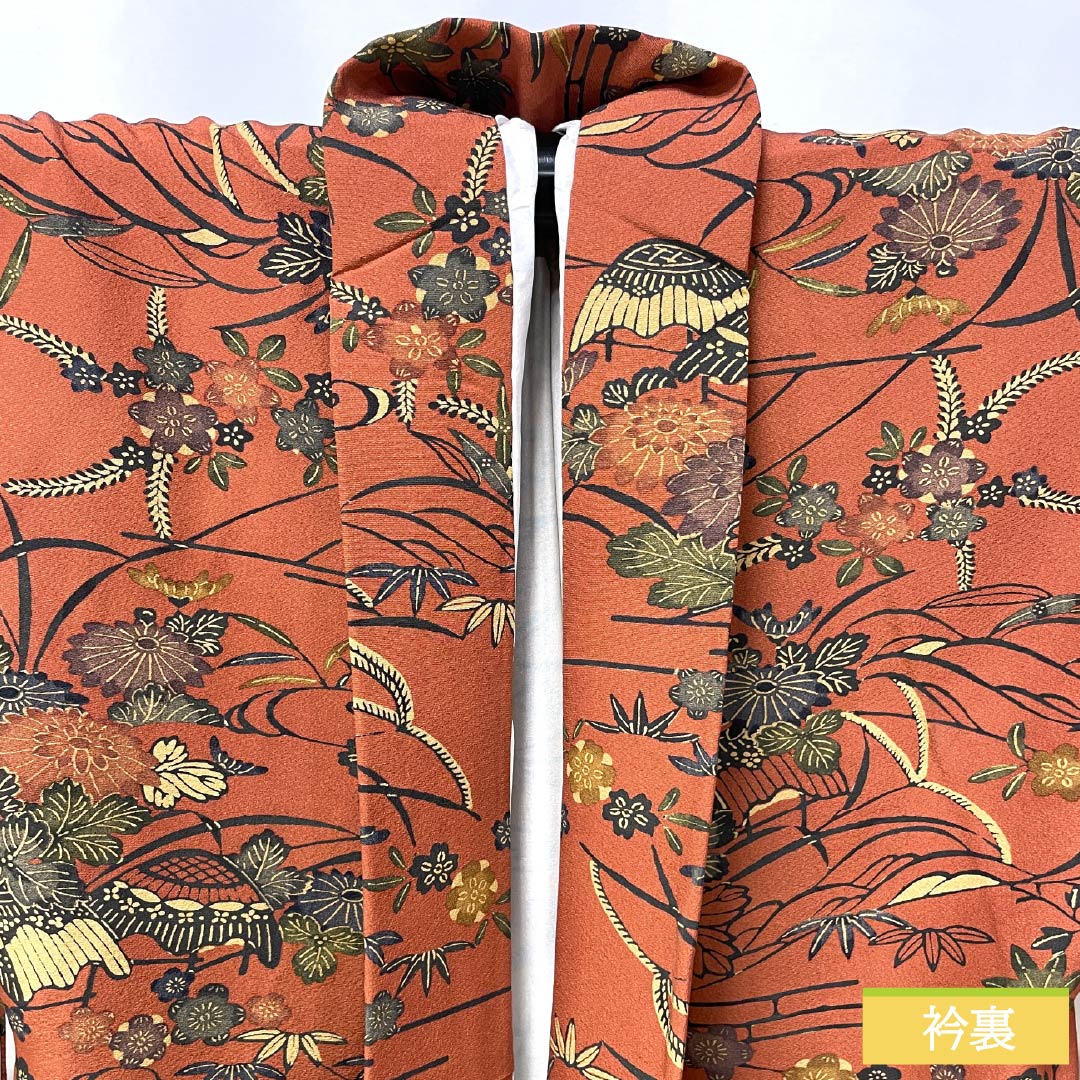 Small-patterned kimono, polyester, S rank, length 169.5cm, sleeve length 67cm, lined, scarlet copper (hidoushoku) color, stencil-dyed floral pattern, with basting thread, washable, brown, 1115007112514