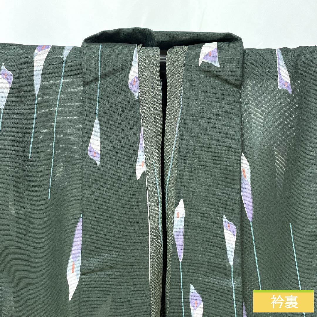 Summer kimono, polyester, small pattern, length 166cm, sleeve length 65cm, washable kimono, silk, S rank, green, 1132002342519