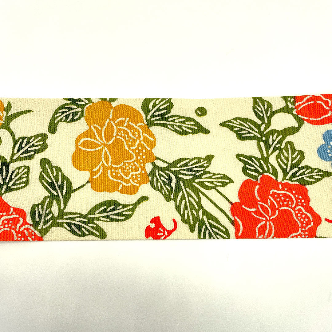 Nagoya obi, stencil-dyed obi, flower and bird pattern, obi length 378cm, pure silk, A rank, full length, casual, cream color, 1124002033315