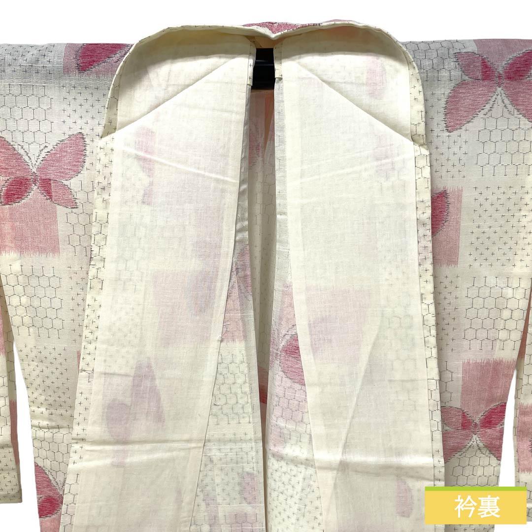 Summer cotton Tsumugi S-rank; length 160.5cm, sleeve-to-sleeve 64cm; milky white, Ichimatsu pattern, butterflies, sheer fabric, white-based. 1132003762411