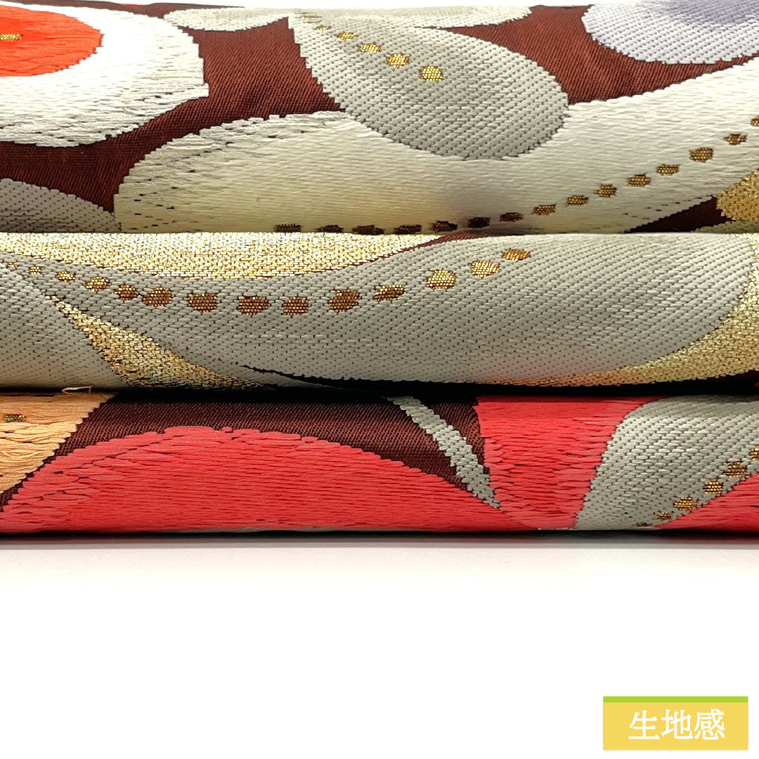 袋帯 正絹 Aランク 褐色色（かっしょくいろ） 西陣織 抽象花 帯丈428cm 六通 セミフォーマル 茶系 1123016163314