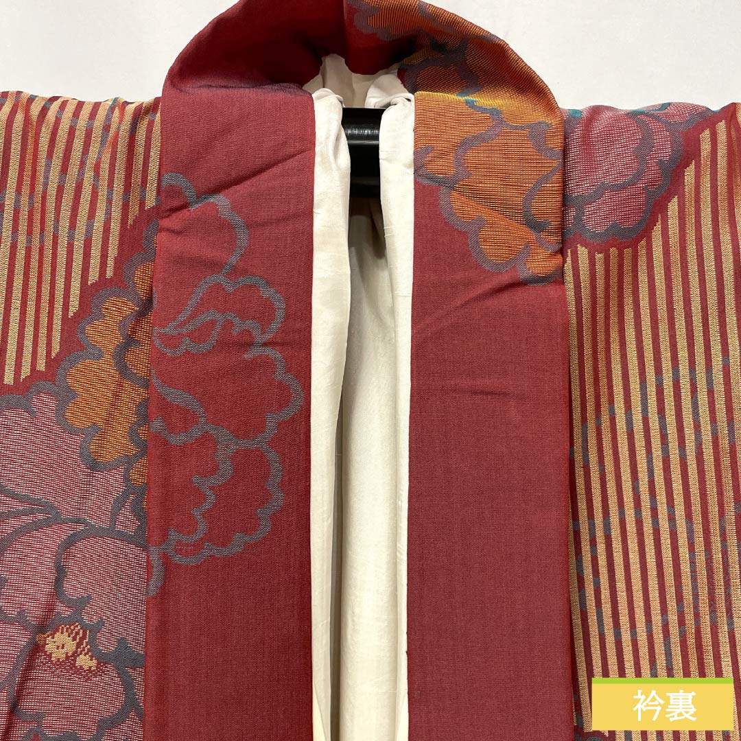 紬 正絹 Sランク 身丈151.5cm 裄丈64.5cm 皆紅色（かいこうしょく） 牡丹 お召 アンティーク 袷 赤系 1116004222212