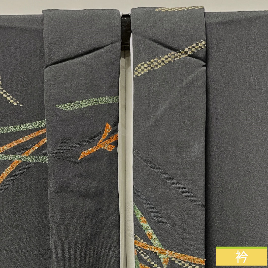 Haori, pure silk, length 78cm, sleeve length 63.5cm, black haori, pine needles, one crest, bellflower and three scales, S rank, lined, black, 1117000822910