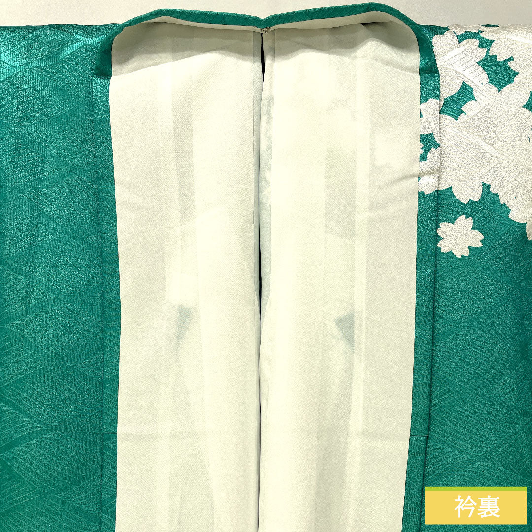 Homongi (formal kimono) made of polyester, lined, length 159cm, sleeve length 62cm, peacock green, washable kimono, cherry blossom, S rank, green, 1112005372319