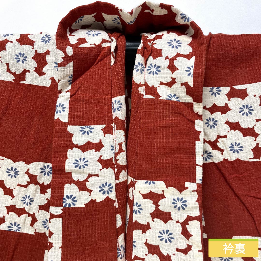 Yukata Cotton Length 157cm Sleeve length 67cm B rank Single layer Vermilion Deep maple color (Koimomijiiro) Checkered pattern Cherry blossoms Fumatsuan 1118005524316