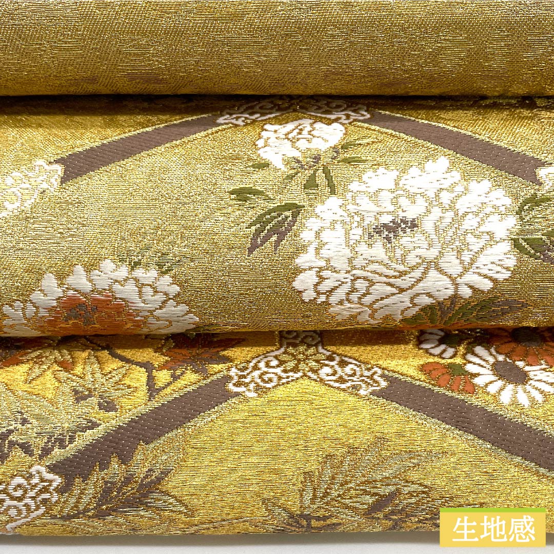 Fukuro Obi, pure silk, gold, Kano Yuki, tortoiseshell, flower, classic pattern, obi length 440cm, S rank, point pattern, formal, gold, 1123010852321