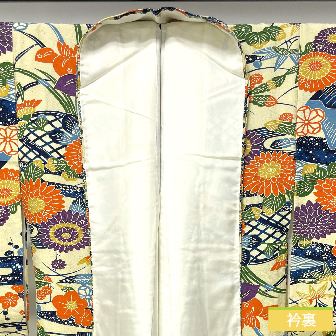 Komon, pure silk, length 155cm, sleeve length 62.5cm, lined, light yellow, Kyoto Bingata, pongee fabric, floral pattern, S rank, cream, 1115004352315