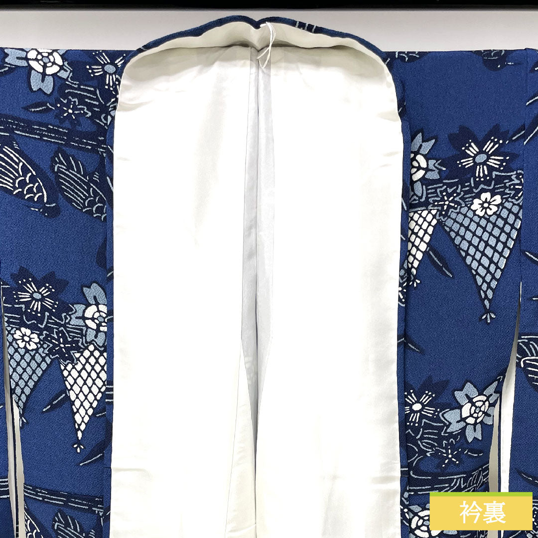 Komon, pure silk, length 158.5cm, sleeve length 65cm, lined, navy blue bellflower color, Kyoto Bingata, swan, cherry blossom, flowing water, S rank, navy blue, 1115004182318