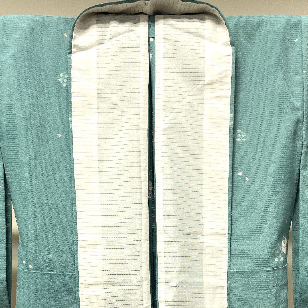 Summer kimono, polyester, small pattern, length 158.5cm, sleeve length 62cm, flower green-blue color, washable kimono, cherry blossom petals, silk, S rank, green, 1132001692319