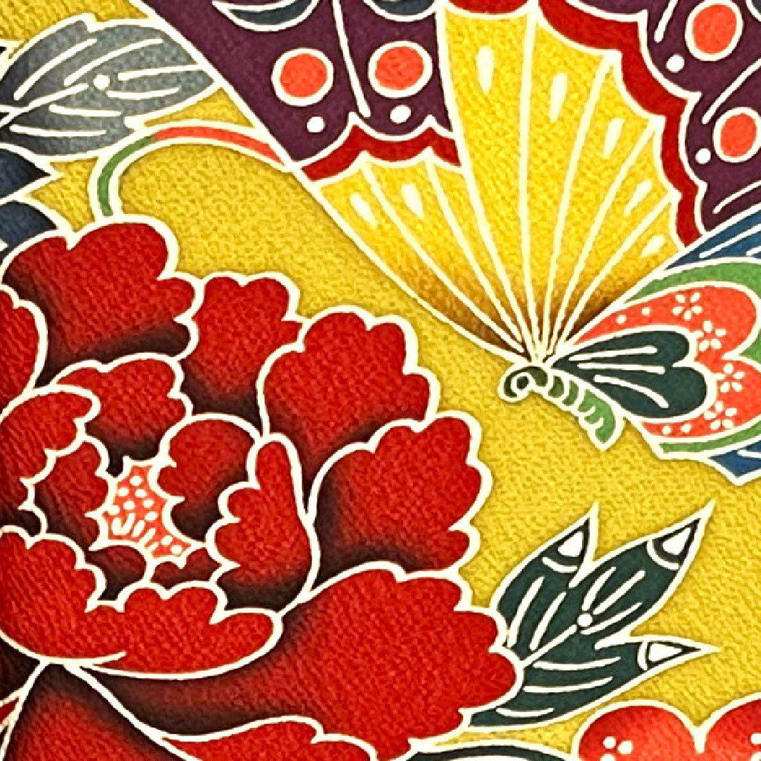 Long-sleeved kimono, length 155.5cm, sleeve length 64.5cm, lined, mustard color, Kyoto Bingata, floral pattern, pure silk, A rank, yellow, 1113000893323