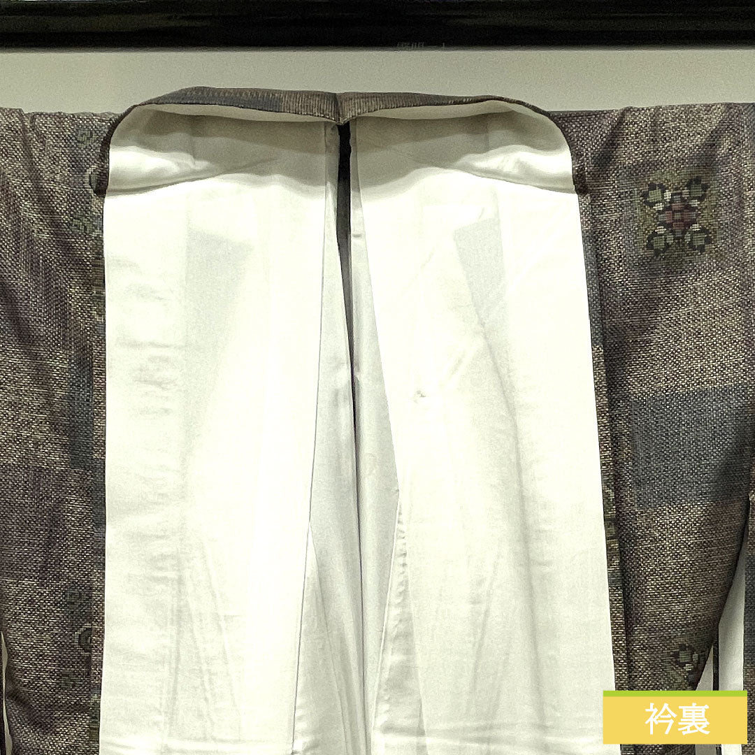 大島紬 正絹 身丈155.5cm 裄丈64cm  経緯絣 市松 Sランク 袷 茶系 1116002962314