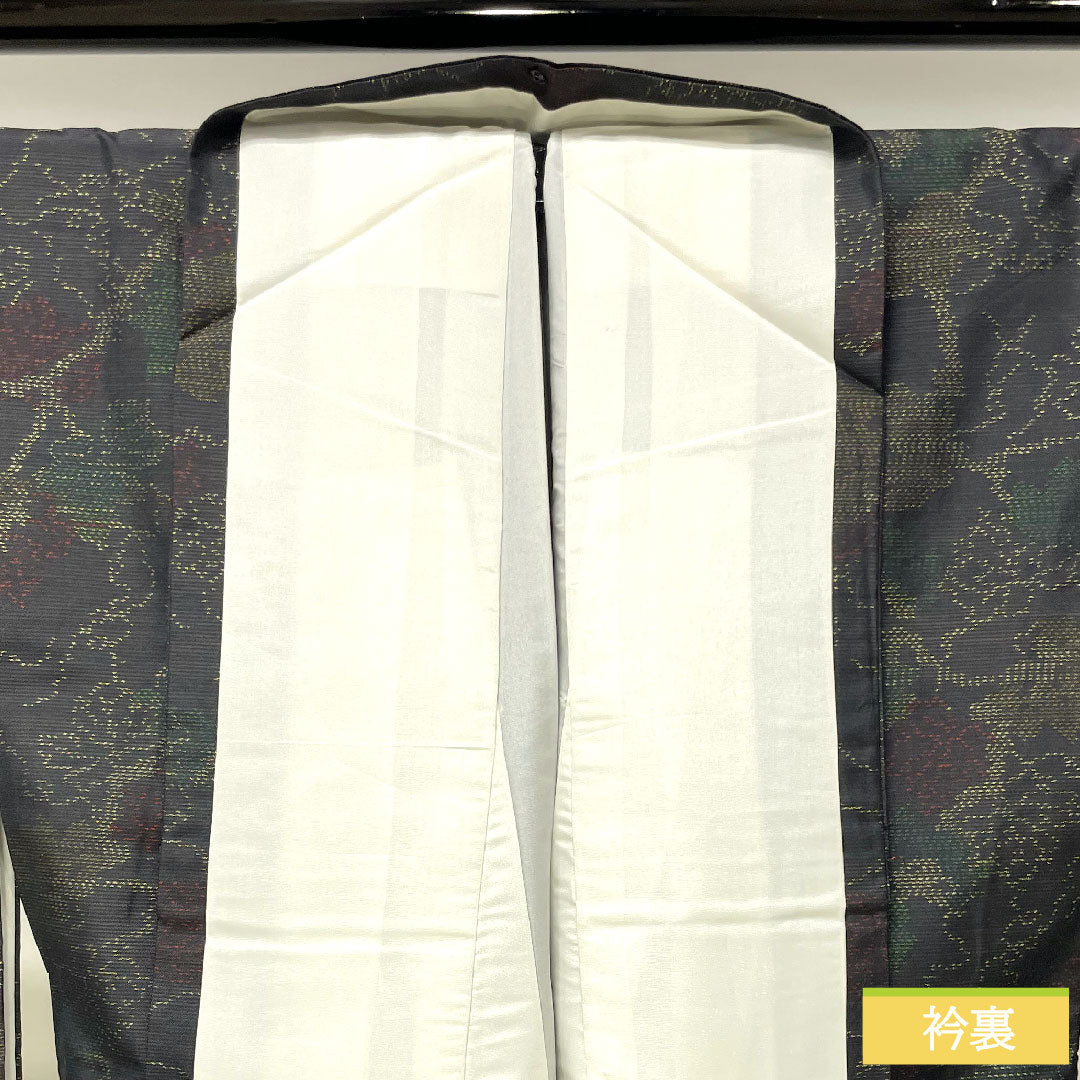 紬 正絹 身丈160cm 裄丈65.5cm 大島紬 緯総絣 葉っぱ模様 Sランク 袷 黒系 1116003352410
