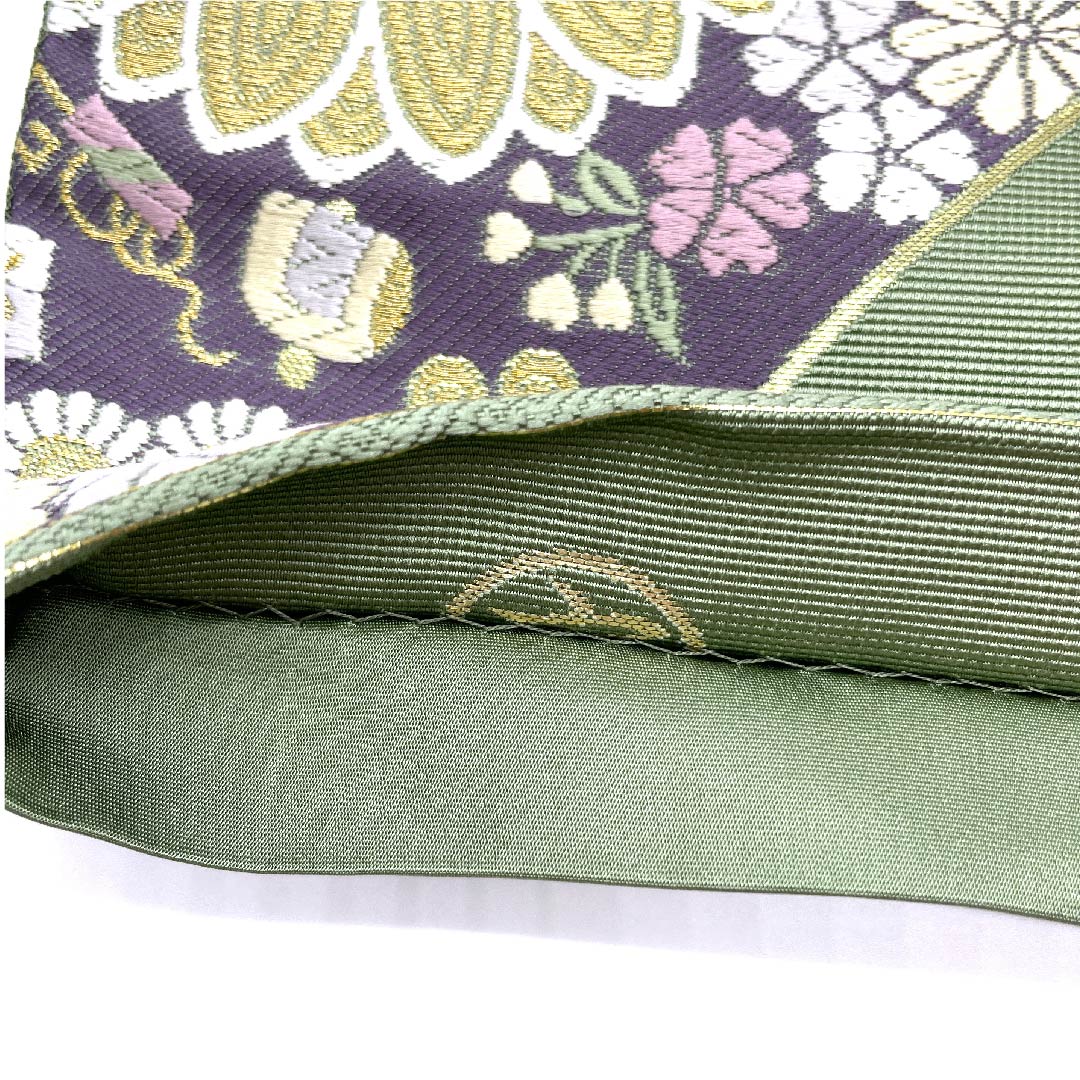 Fukuro Obi (wasabi color) with treasures and floral patterns, Takashima Orimono, obi length 435cm, pure silk, S rank, six-pass, semi-formal, green, 1123007162319