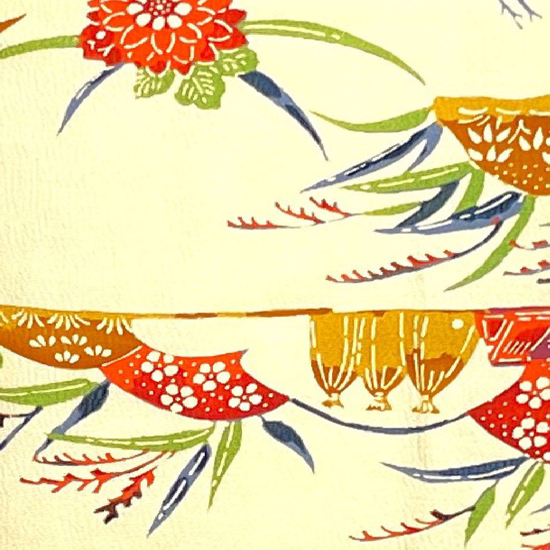 Komon, Length 157.5cm, Sleeve length 62cm, Lined, Light egg color, Kyoto Bingata, Crane, Landscape pattern, Pure silk, S rank, Cream color, 1115002482315