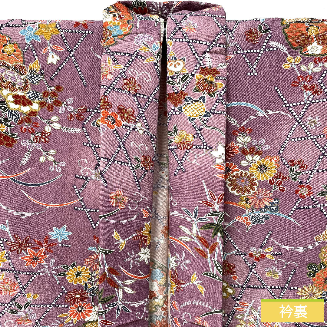Small pattern, polyester, length 169.5cm, sleeve length 64.5cm, lined, Kyoto wisteria color, washable kimono, floral pattern, A rank, purple, 1115004623520