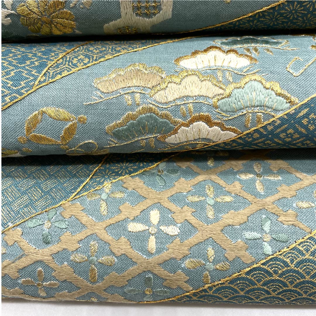 Fukuro obi (indigo brown) with embroidery, auspicious motifs, homaku (treasure scroll), flower arabesque pattern, obi length 430cm, pure silk, S rank, six-pass, formal, green, 1123008142319