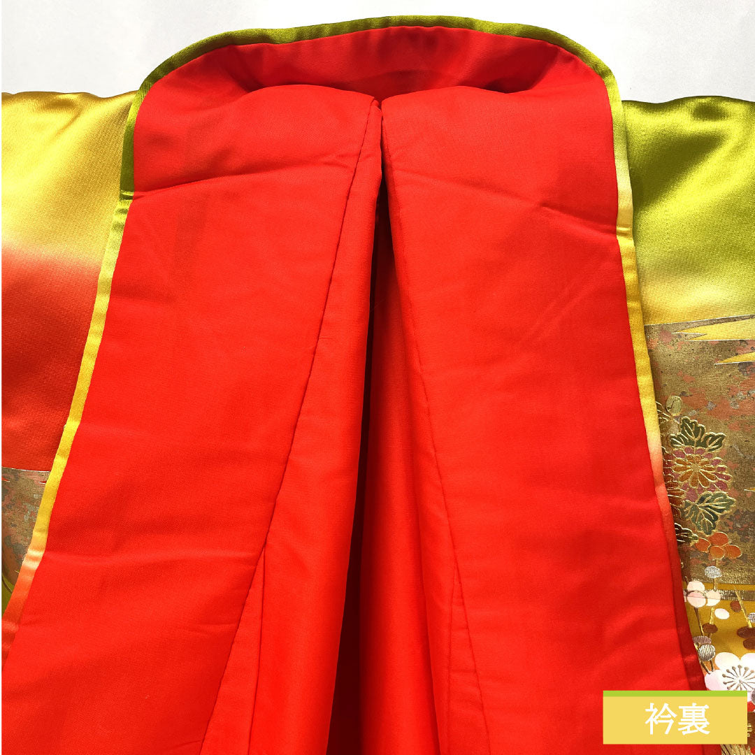 Iro-uchikake (colored kimono) made of pure silk, grade A, length 185cm, sleeve length 66.5cm, gold-plated design featuring pine, bamboo, plum, and chrysanthemum motifs, lined in red, product number 1110000933912
