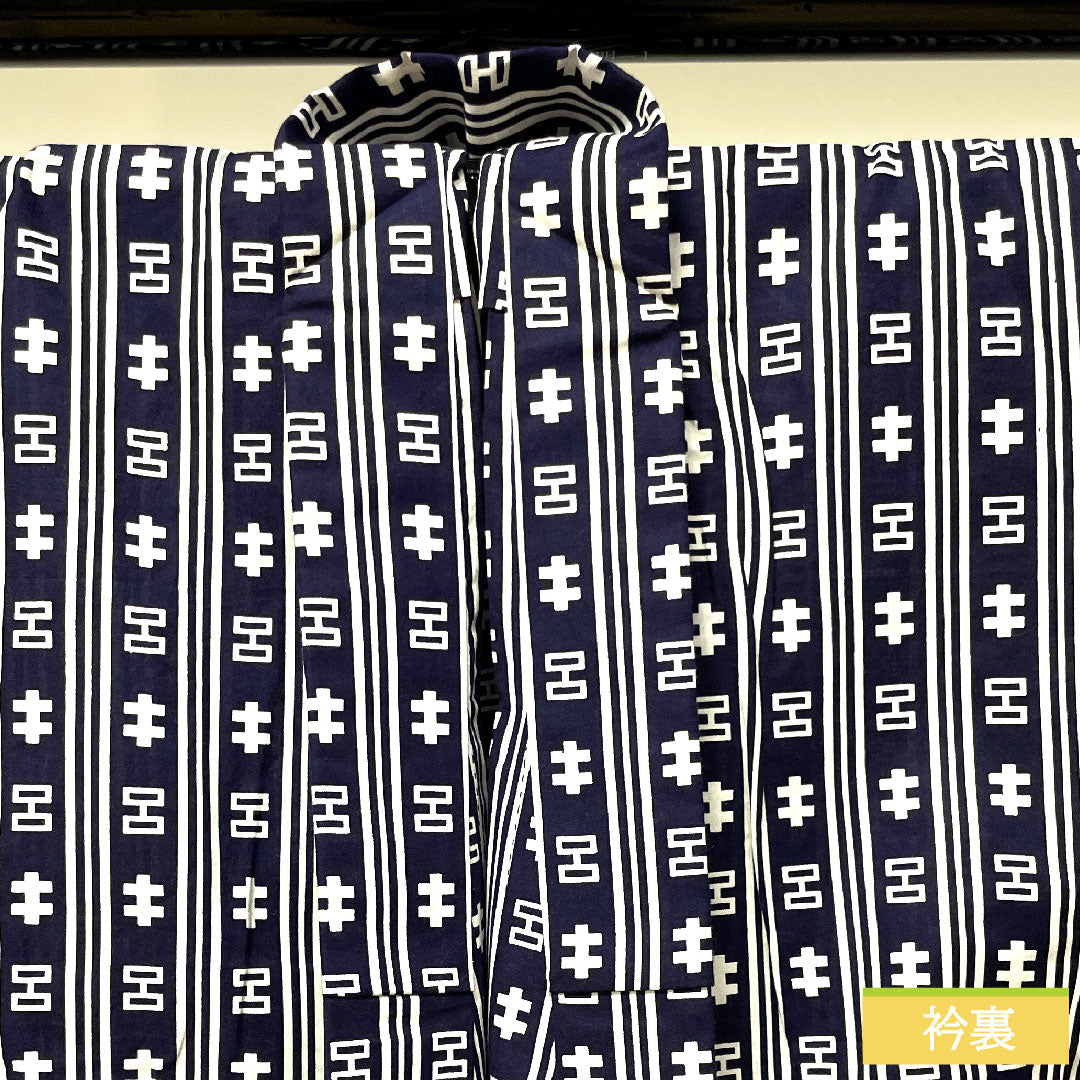 Men's Yukata Cotton Length 144.5cm Sleeve Length 67cm S Rank Unlined Navy Geometric Pattern 1118004932418