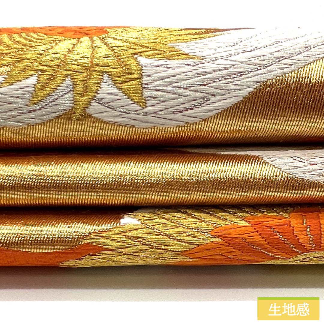 袋帯 正絹 赤橙色（あかだいだいいろ） 振袖用 あすか錦 純金箔 ２４K 帯丈420cm Sランク 六通 フォーマル 橙系 1123013782326