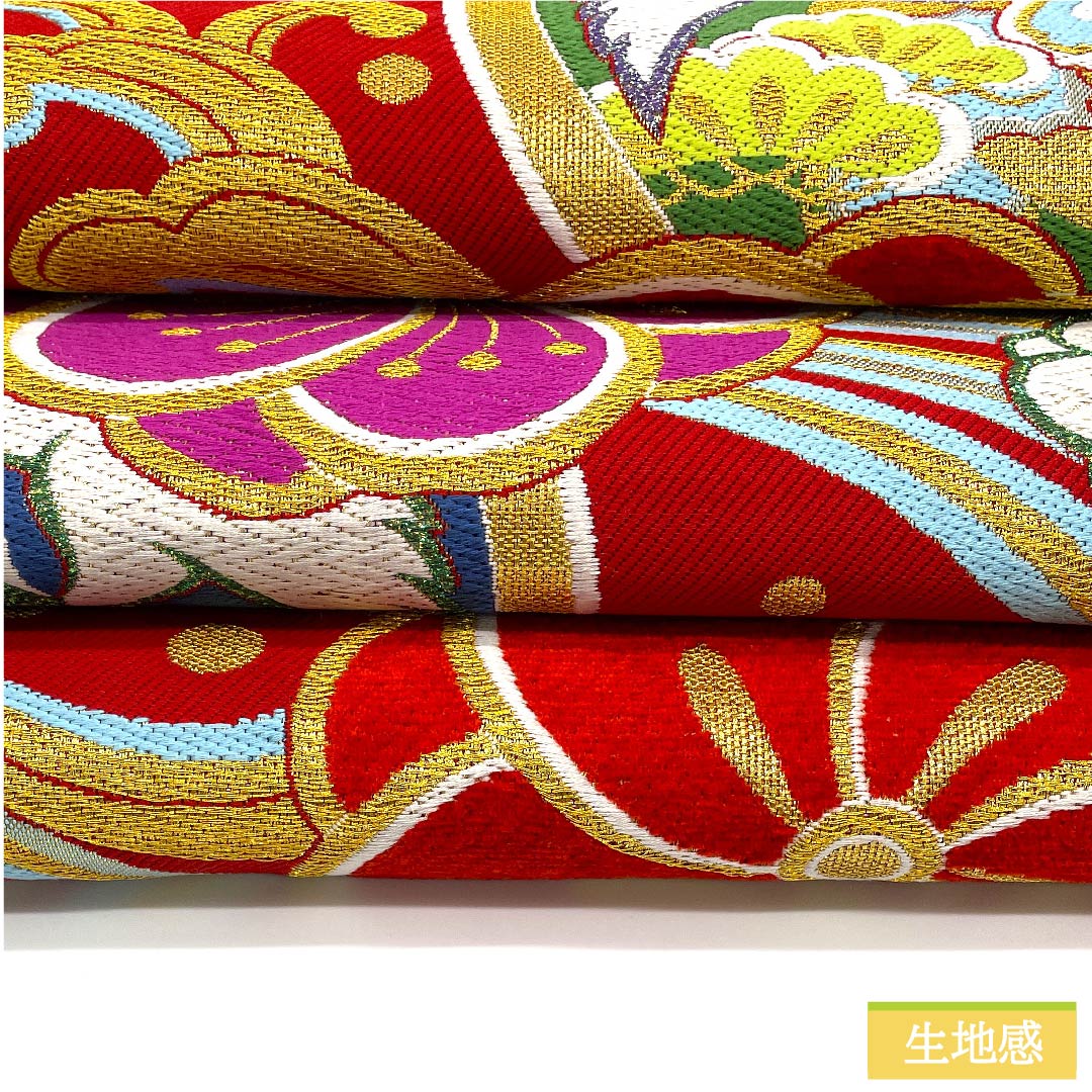 Fukuro Obi, pure silk, Torukoakairo (red), flowing water, twisted plum, pine, bamboo and plum, circle with crane, obi length 444cm, A rank, six-pass, formal, red, 1123011573312