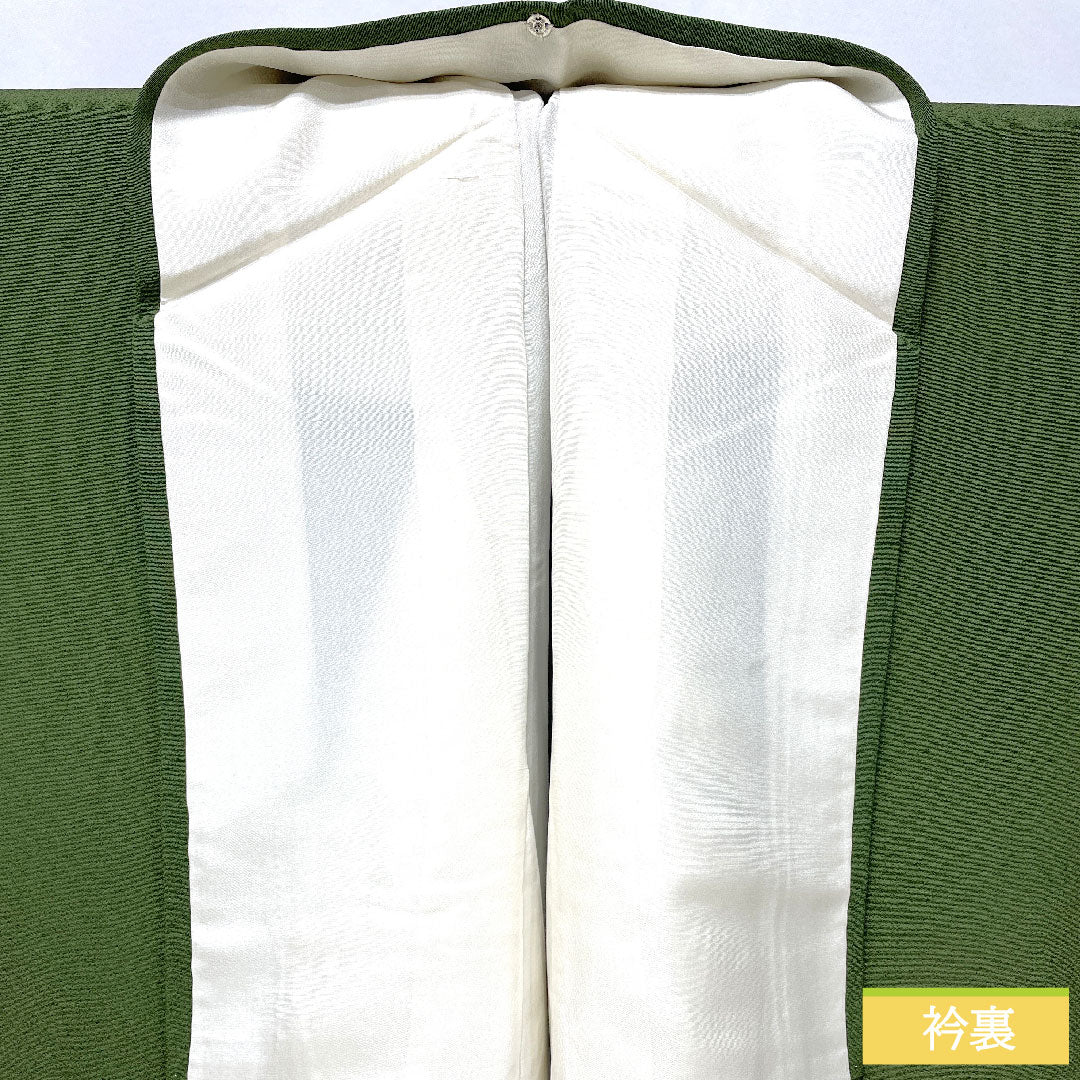 色無地 正絹 身丈157.5cm 裄丈67cm 青丹色（あおにいろ） 素無地 一つ紋 糸輪に違い鷹の羽 袷 Aランク 緑系 1114002113319