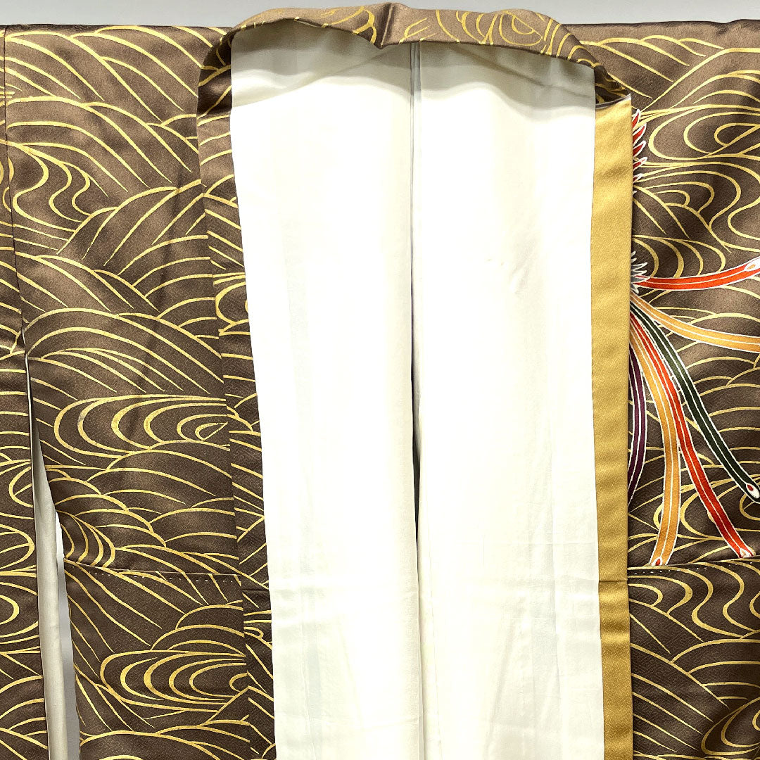 振袖 身丈157.5cm 裄丈65cm 袷  焦げ茶色 京友禅 鳳凰 糸巻き 波  正絹 Aランク 茶系 1113001543314