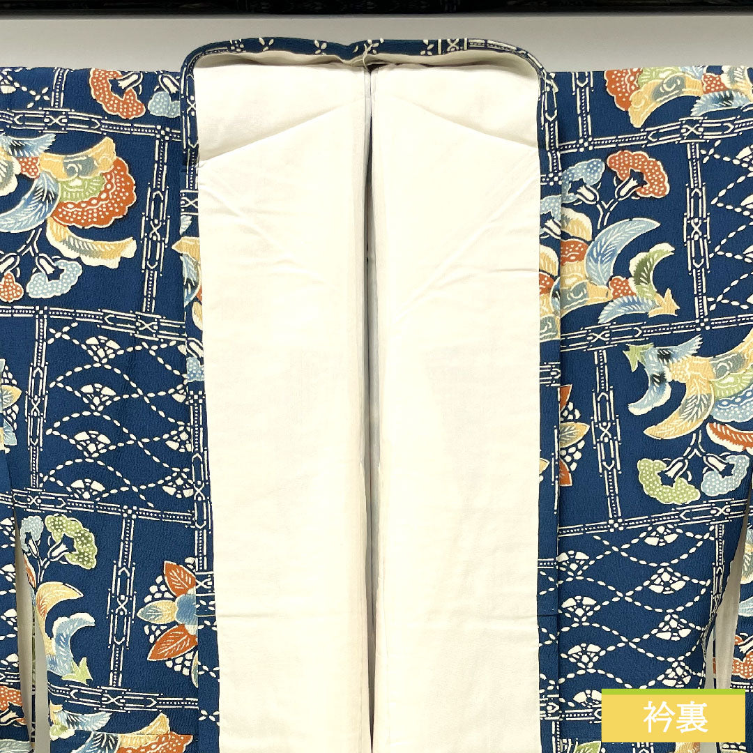 小紋 正絹 身丈153cm 裄丈62.5cm 袷 裏色（うらいろ） 京紅型 草花模様 しつけ糸付き Aランク 紺系 1115004343218