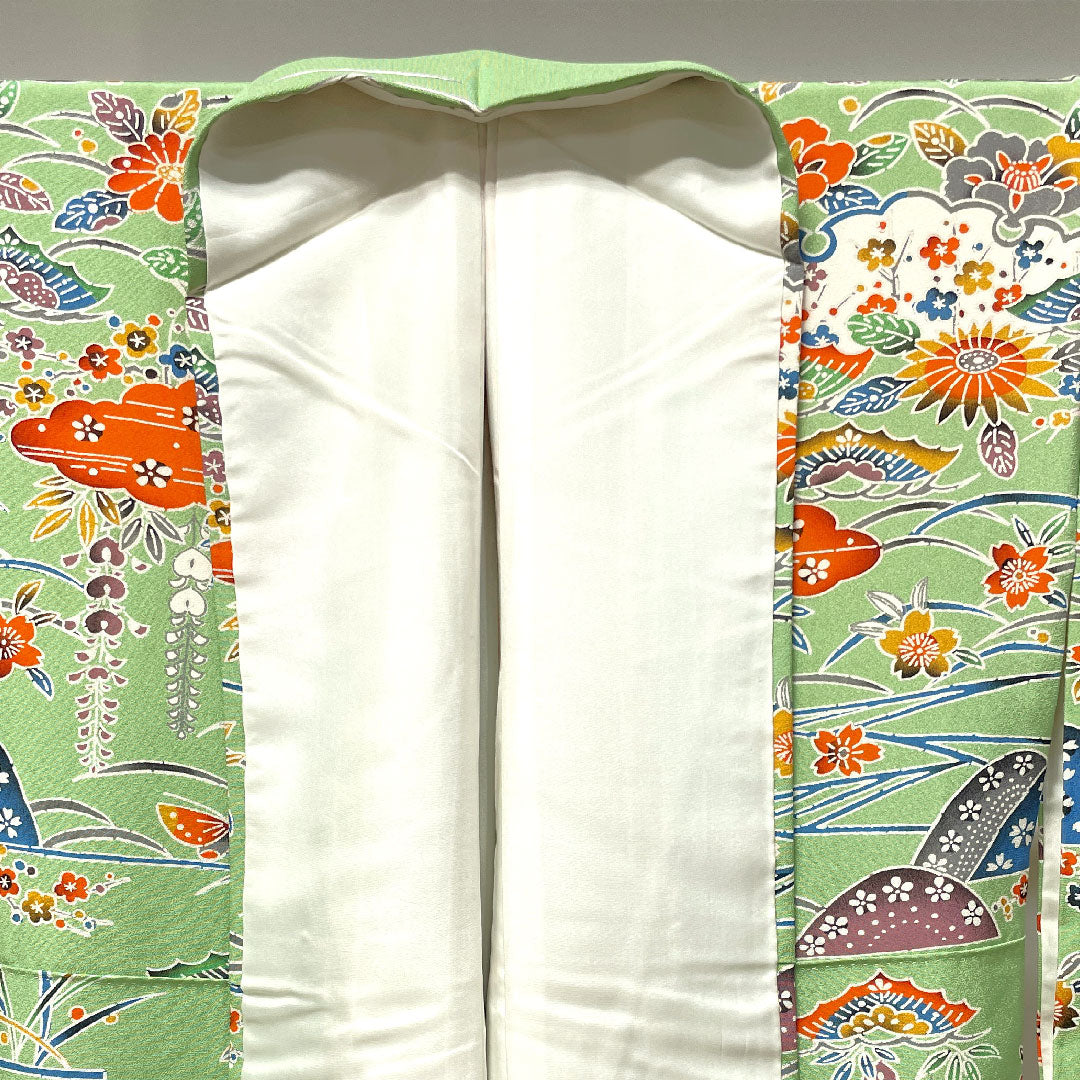 Homongi, pure silk, lined, length 162.5cm, sleeve length 65cm, light green, Kyoto Bingata, auspicious motif, with basting thread, S rank, green, 1112003222419