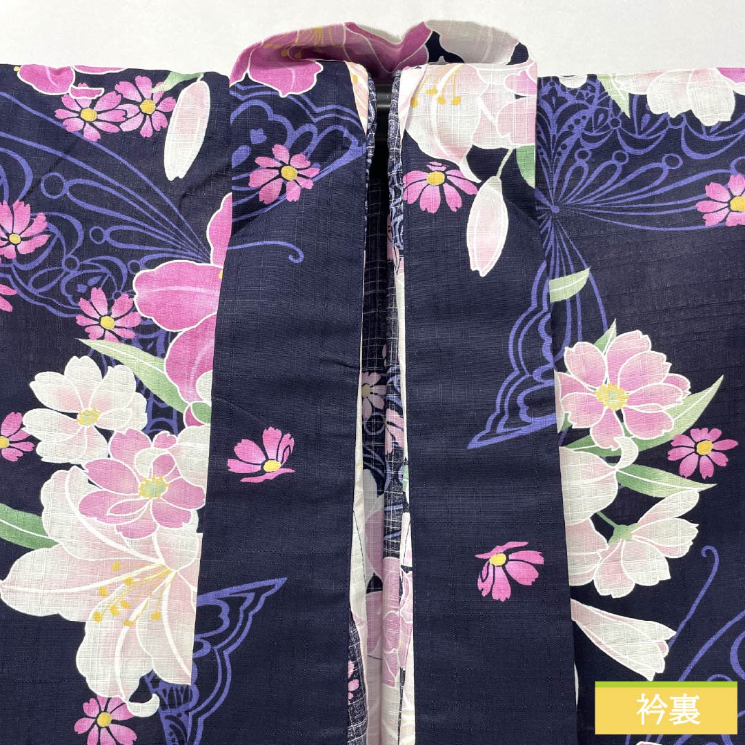 Yukata Cotton Length 166.5cm Sleeve length 65.5cm NEW rank Single layer Navy blue (Nukon-iro) Brand new unused item Comes with pre-tied obi Butterfly 1118005571518