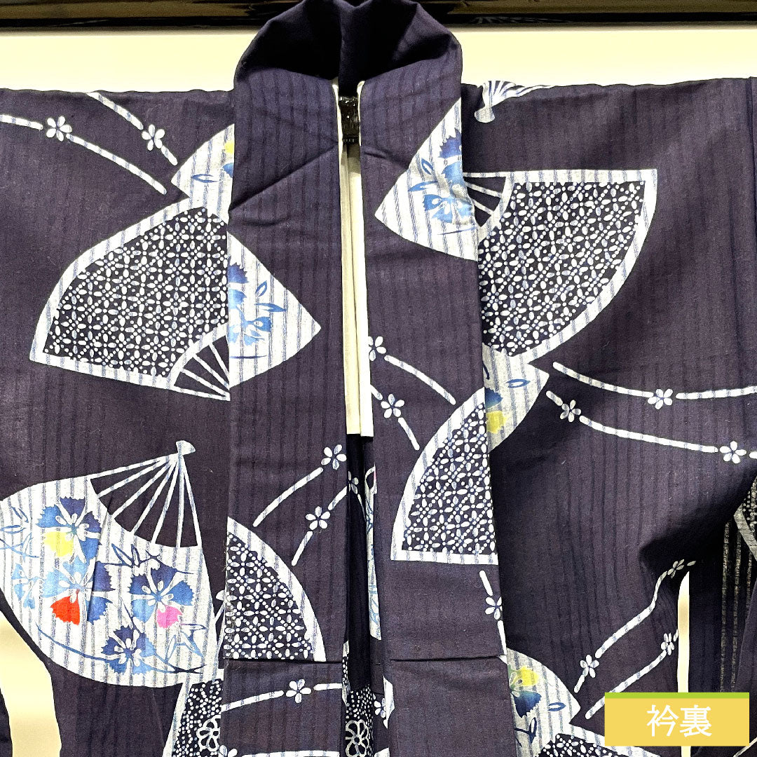 Yukata Cotton Length 160cm Sleeve length 65.5cm S rank Single layer Navy blue Folding fan Floral pattern 1118004522418