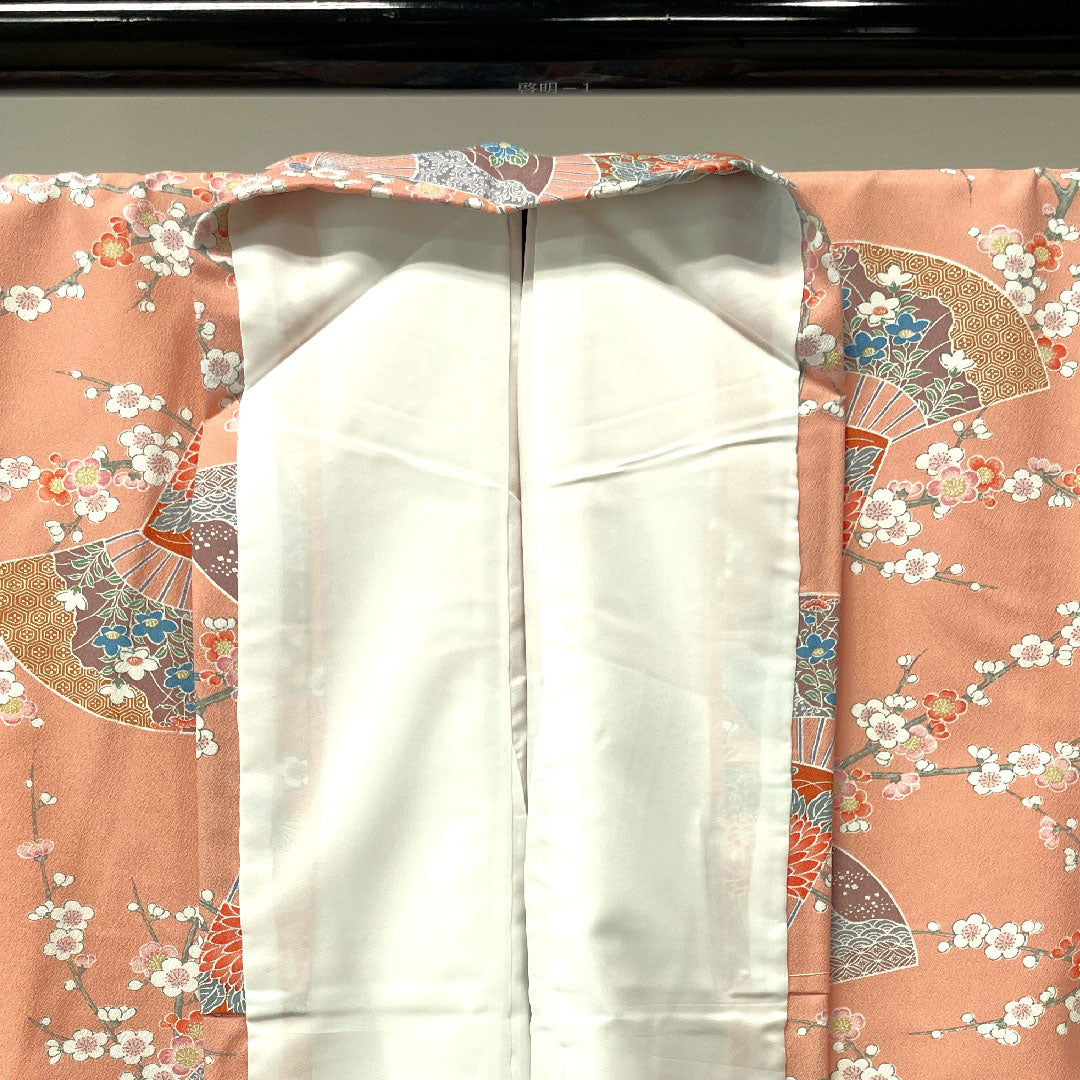 小紋 身丈161cm 裄丈64.5cm 袷  一重梅色 洗える着物 しつけ糸付き 未使用品 扇 梅  ポリエステル Sランク ピンク系 1115003312413