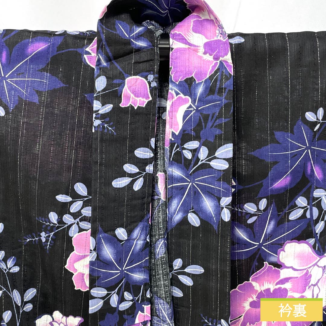 浴衣 木綿 身丈161.5cm 裄丈65cm Sランク 単衣 黒系 竪絽（たてろ） 花 銀糸入り 1118006662410