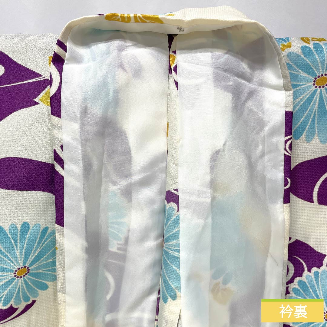 Polyester Komon (S rank) - Height 163cm, Sleeve-to-sleeve 67cm, Unlined, Milky White, Stenciled, Flowing Water and Chrysanthemum pattern, Washable Kimono, White-based, 1115007952411