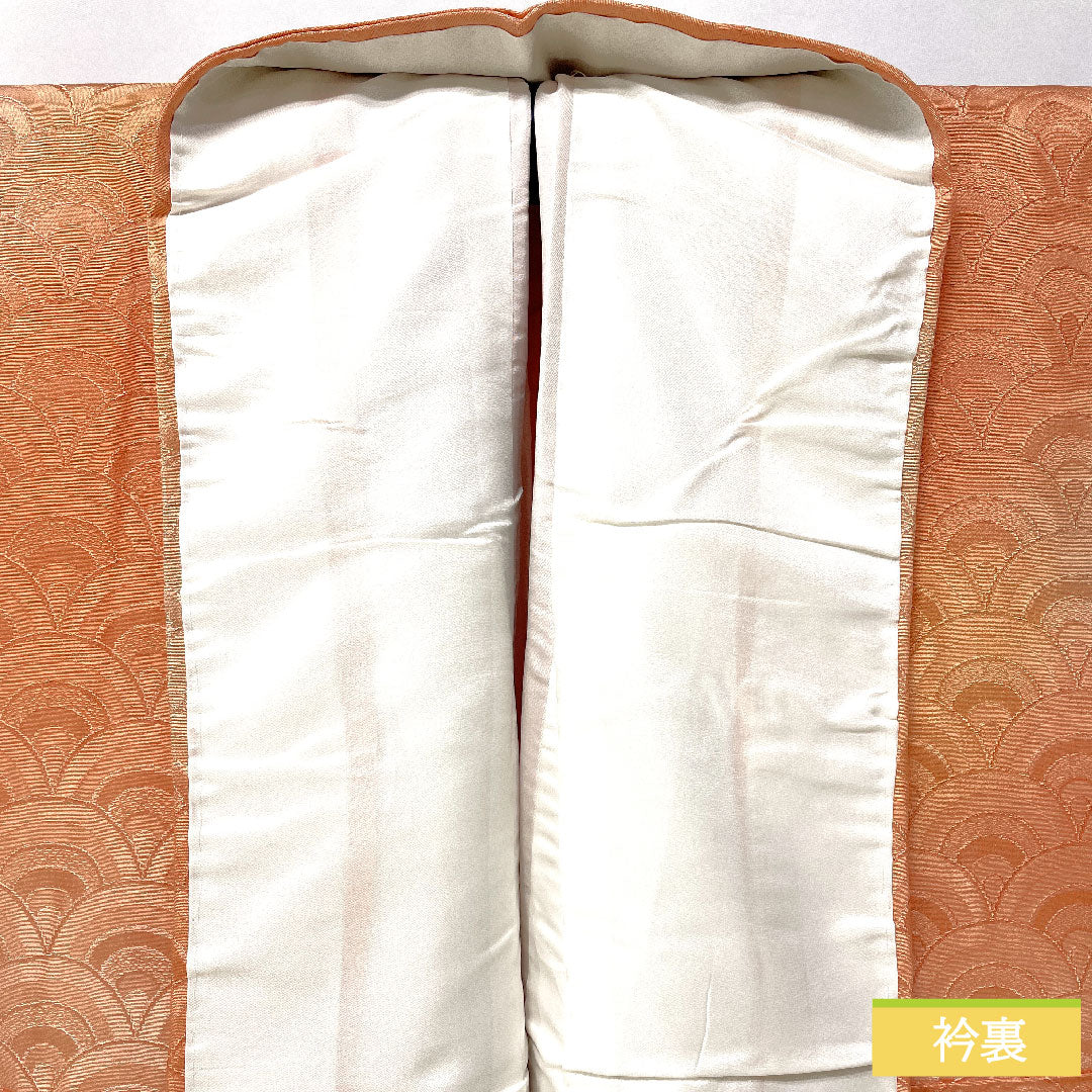 Plain color kimono, pure silk, length 154.5cm, sleeve-to-sleeve 64cm, light red shaded dyeing with seigaiha pattern, lined, A rank, pinkish, 1114002023213