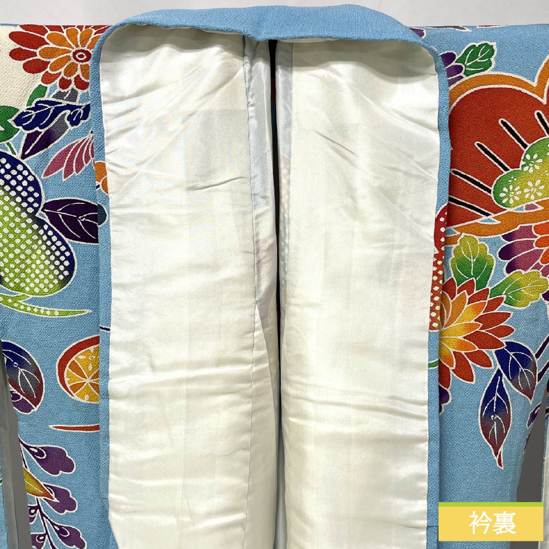 A-rank pure silk furisode kimono (long-sleeved kimono), length 166.5cm, sleeve length 64.5cm, lined, light blue, Kyoto Bingata crepe fabric, auspicious plum and pine motifs, light blue, product number 1113002543524