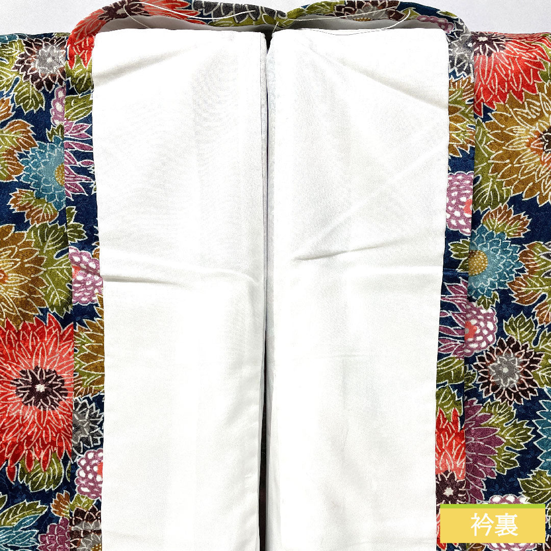 小紋 ポリエステル 身丈161.5cm 裄丈62cm 袷 青藍色（せいらんいろ） 洗える着物 菊 しつけ糸付き Sランク 紺系 1115004522418