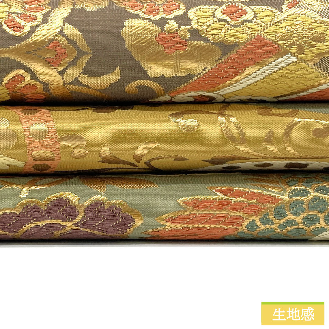 袋帯 正絹 Aランク 楊梅色（やまももいろ） 西陣織 吉祥文様   帯丈432cm 六通 フォーマル 黄系 1123016943323