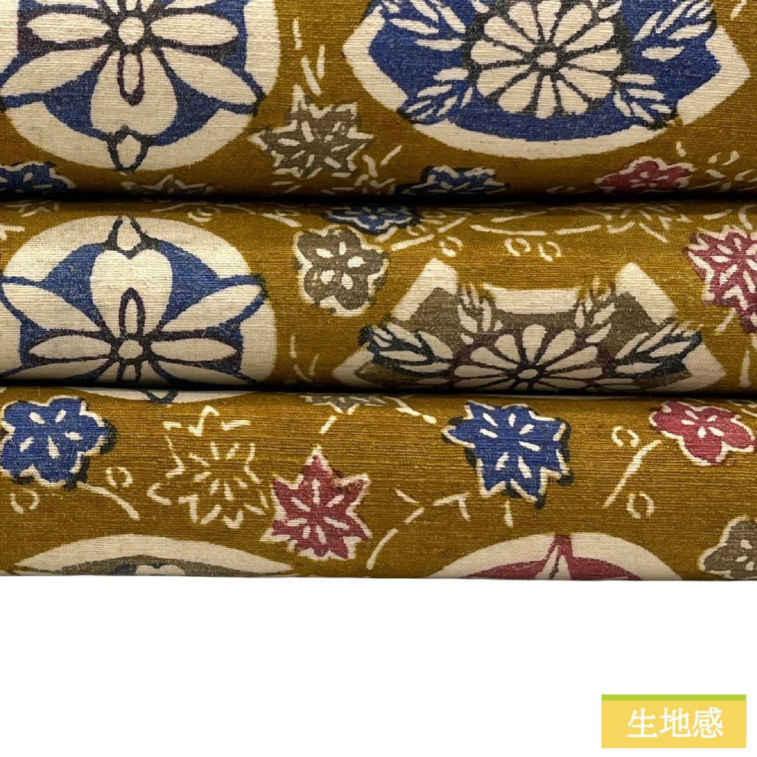 名古屋帯 正絹 Sランク 開き仕立て 黄茶色（きちゃいろ） 型染 古典柄 草木染 帯丈342cm 全通 カジュアル 茶系 1124012192314