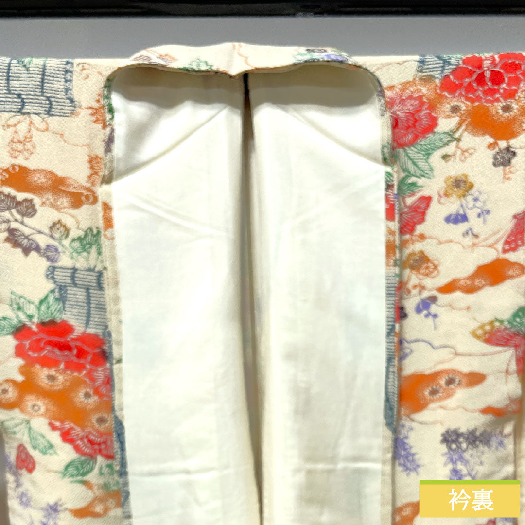 小紋 正絹 身丈161.5cm 裄丈65cm 袷  鳥の子色 型染 草花模様  Sランク クリーム系 1115003762415