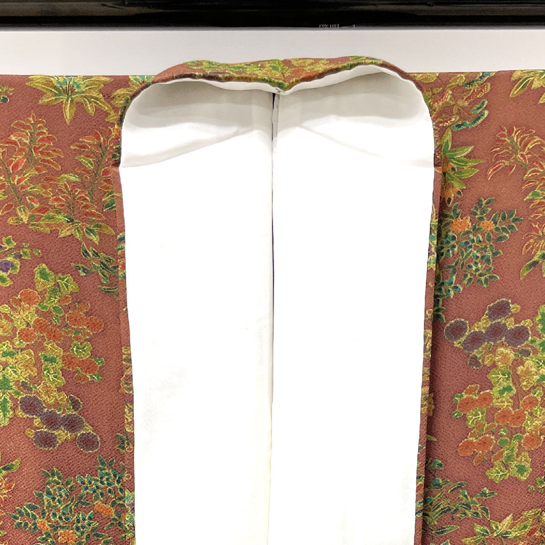 小紋 身丈154.5cm 裄丈61.5cm 袷  錆色 しつけ糸付き 草花模様  正絹 Aランク 茶系 1115003203214