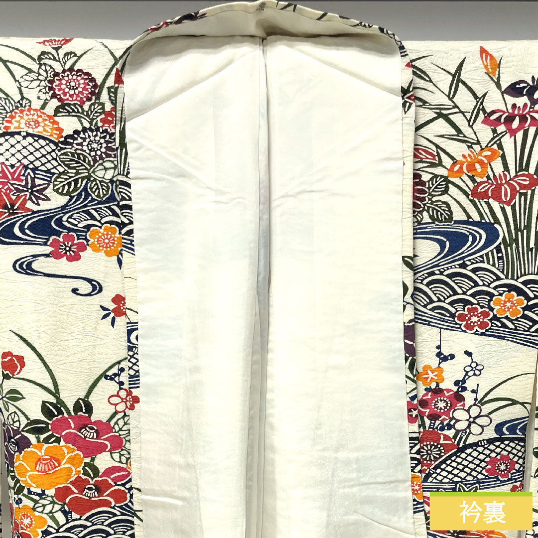Komon, pure silk, length 166.5cm, sleeve length 65.5cm, lined, milky white, Kyoto Bingata, auspicious motif, S rank, white, 1115004412511